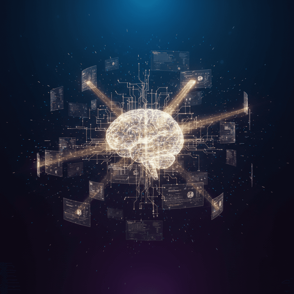 Une scène abstraite et futuresque montrant un cerveau artificiel lumineux au centre, entouré de multiples documents flottants et écrans transparents qui gravitent autour de lui. Le cerveau IA émet des rayons de lumière qui sélectionnent et mettent en évidence certains documents parmi tous les autres. Les documents sélectionnés brillent d'une lumière dorée tandis que les autres restent en gris. Ambiance high-tech avec des particules lumineuses, fond dégradé bleu foncé vers violet. Style 3D moderne, rendu cinématique, aucun texte.