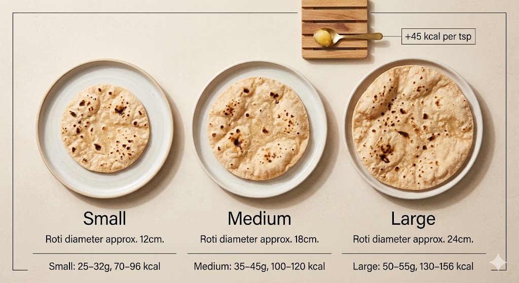 A visual calorie chart comparing small, medium, and large Indian rotis (chapatis). The chart displays the diameter (12cm, 18cm, 24cm), typical weight, and calorie count for each size, alongside a spoon of ghee indicating '+45 kcal per tsp'.