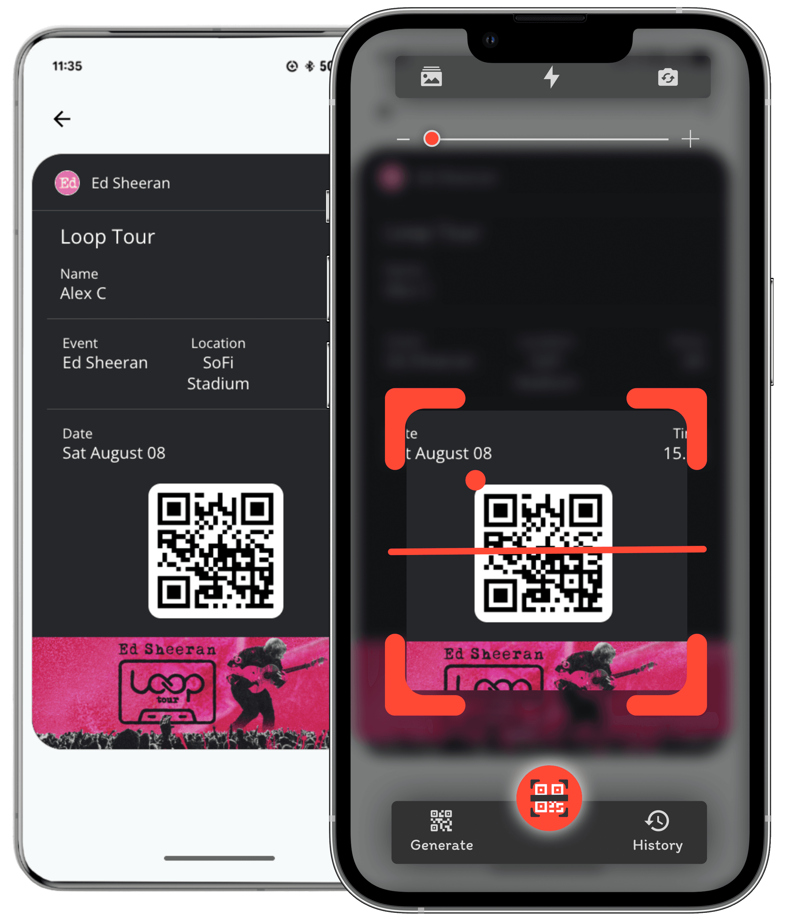 Two smartphones showing a digital concert ticket workflow: one phone displays an Ed Sheeran ‘Loop Tour’ ticket in a mobile wallet with a QR code, while the second phone shows a QR code scanning app validating the ticket.