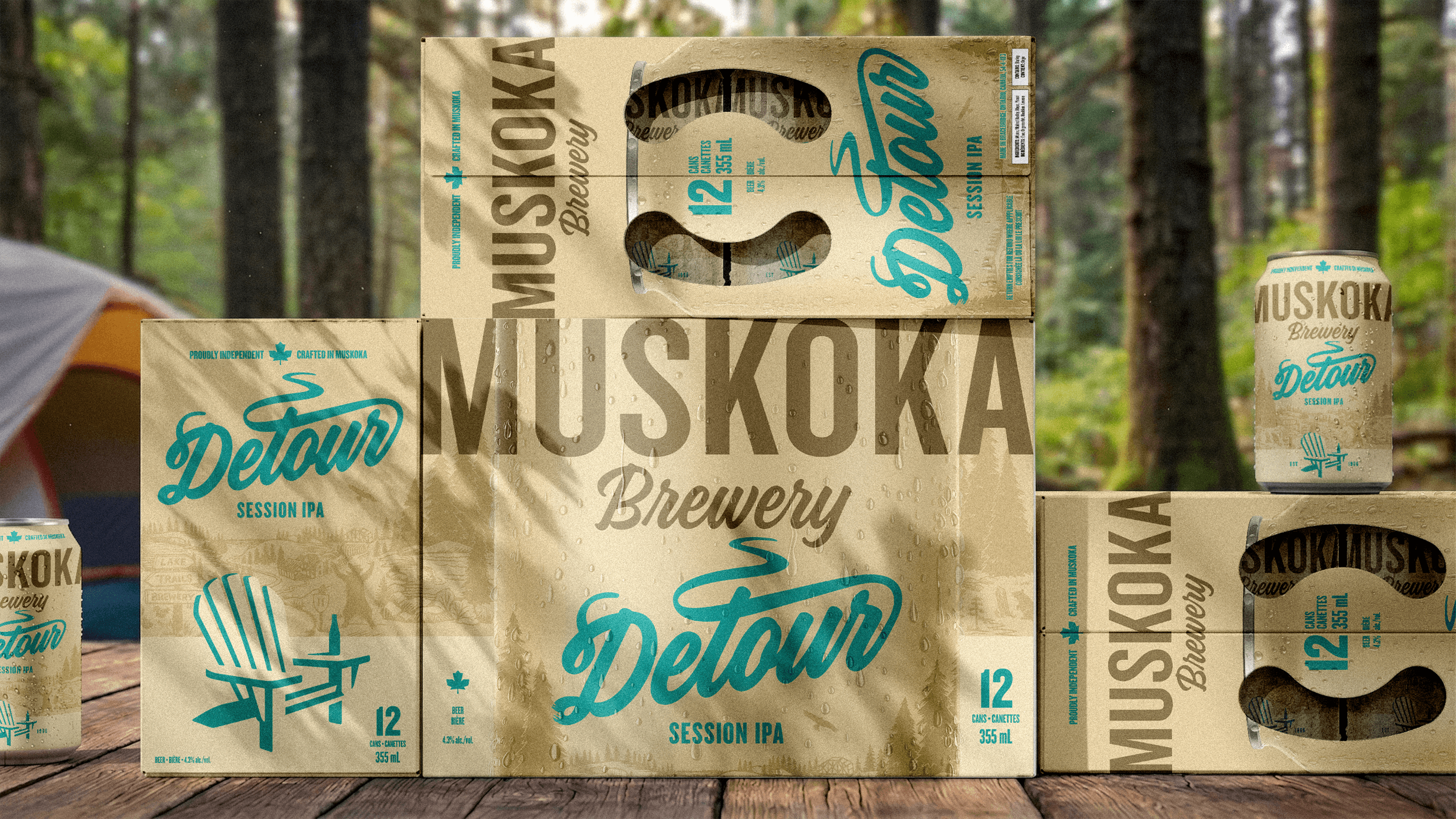 Muskoka Brewery Detour 12 pack case sitting on a camping table in the forrest showing all sides of the box