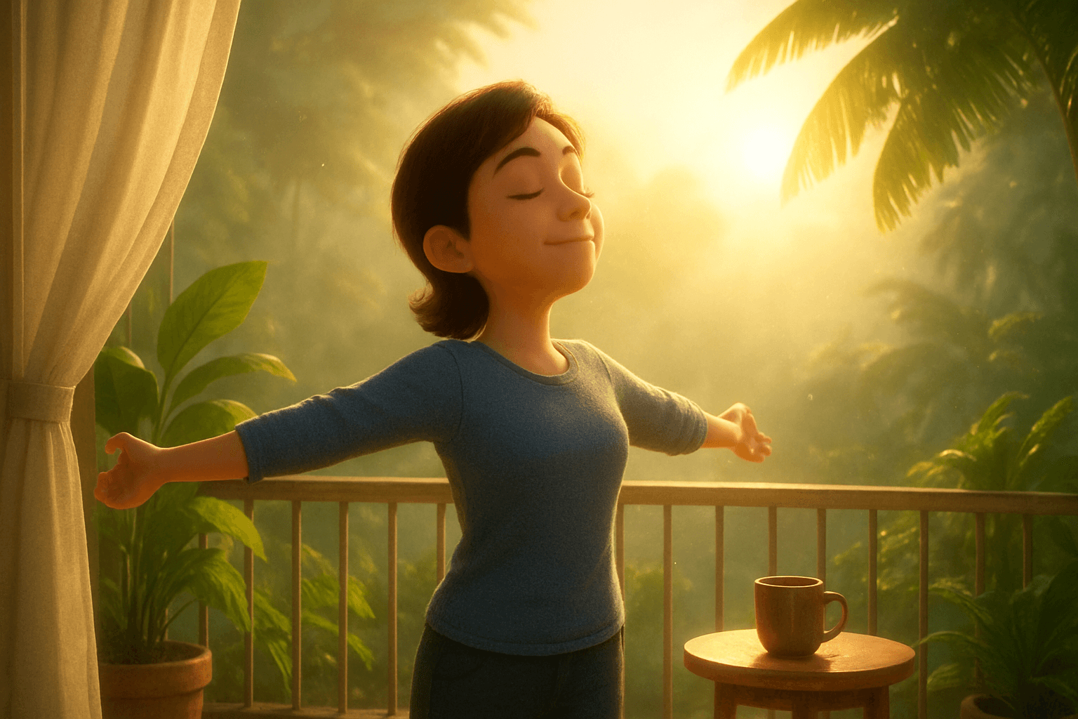 Cinematic Pixar-style 3D morning scene of a young adult on a balcony surrounded by lush Kerala greenery, basking in gentle sunlight symbolizing natural Vitamin D. The warm golden light, misty air, and serene expression reflect preventive wellness, holistic living, and Lyxaa Biodynamics’ focus on sunlight exposure, immunity, and healthy daily routines.