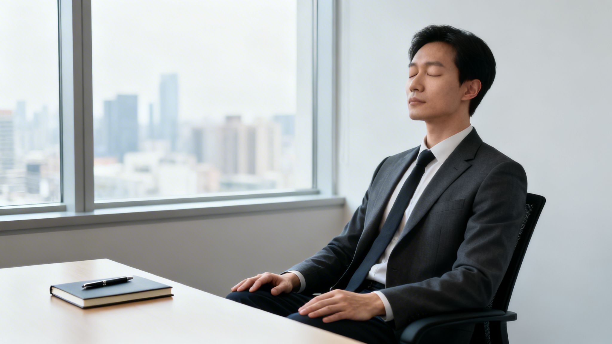 A calm Asian businessman meditating at his desk in an office with a city view.
