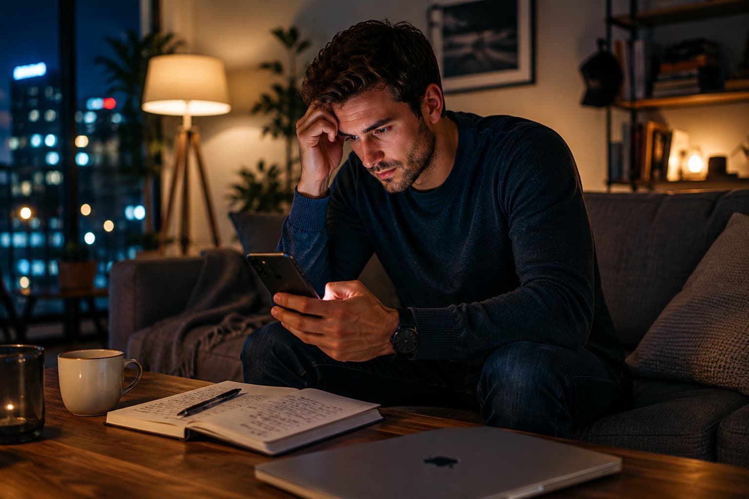 Nachdenklicher Mann benutzt Smartphone im Wohnzimmer bei Nacht. Arbeit, Stress oder Nachricht?