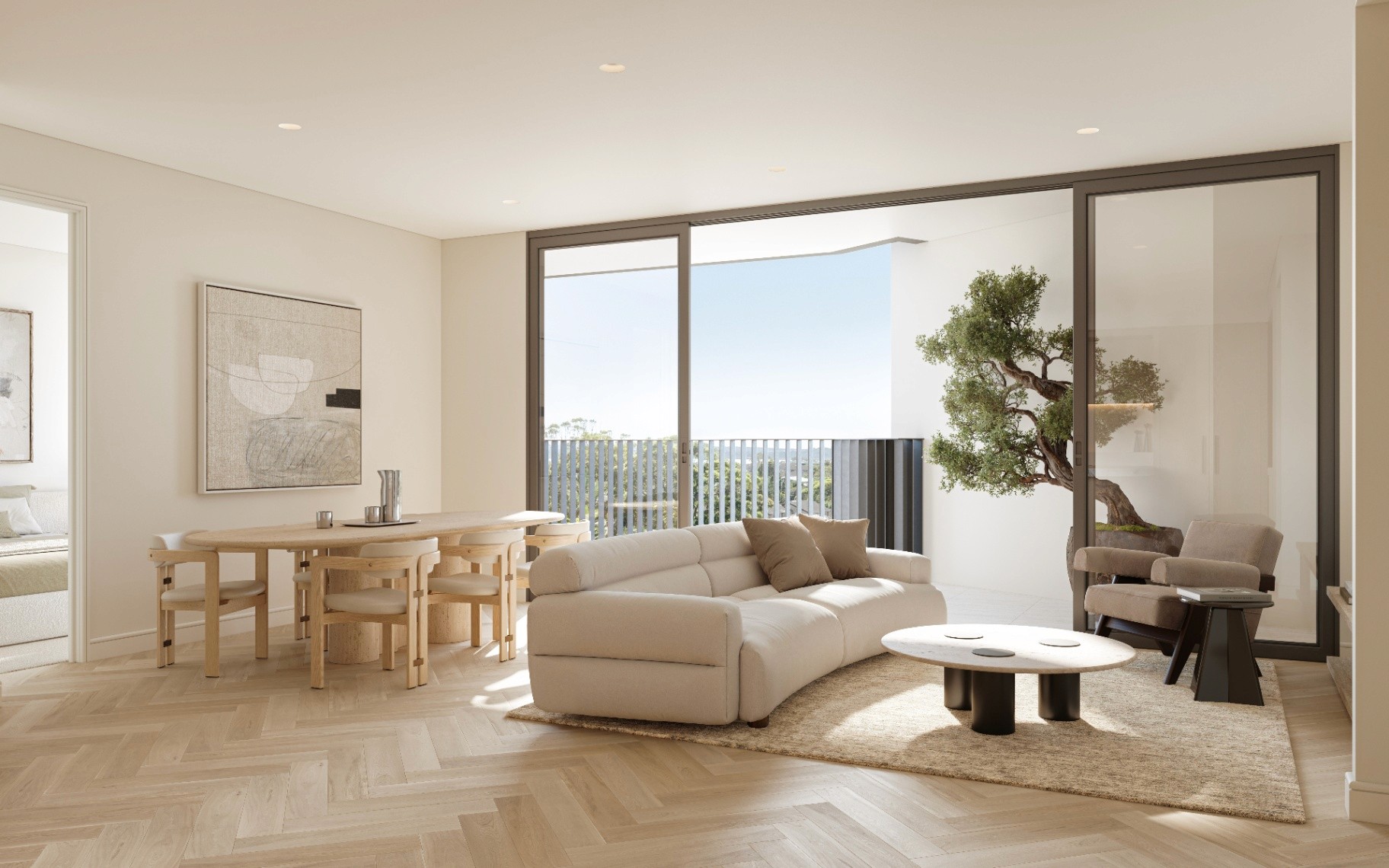 Spacious living room with floor to ceiling glass doors and seamless indoor outdoor design