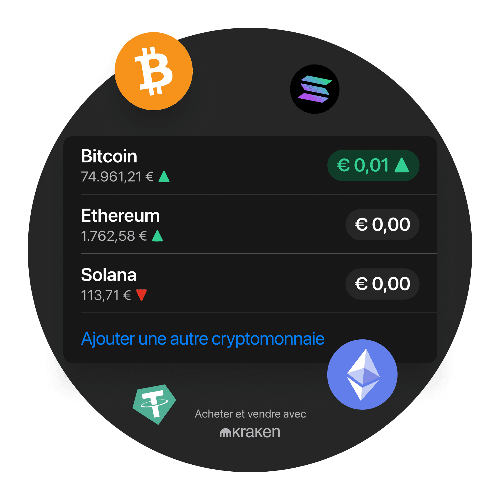 Un affichage numérique montre les prix actuels pour Bitcoin, Ethereum et Solana, ainsi que leurs tendances du marché.