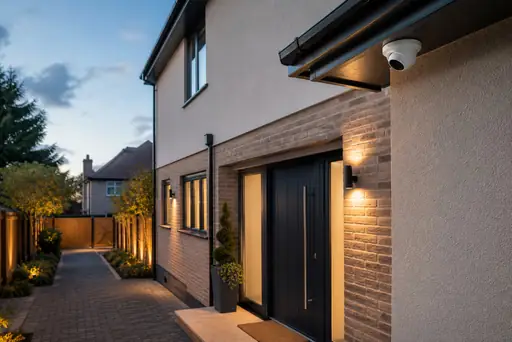 Outdoor CCTV camera positioned beneath the eaves beside the entrance of a modern UK home.