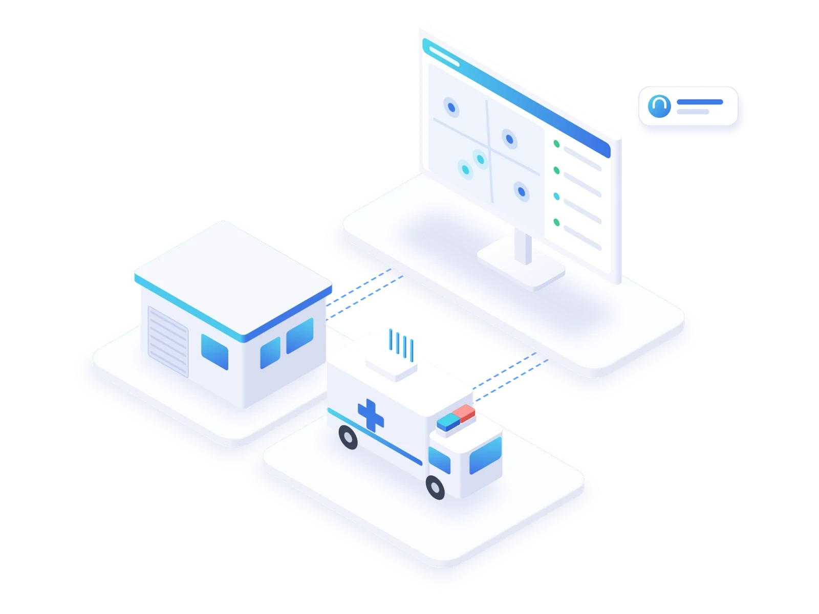 Illustration of a monitoring portal with a station and an ambulance connected, plus live support