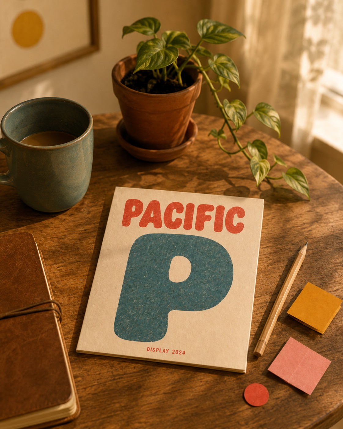Cozy desktop with a Pacific 2024 calendar, a potted plant, a coffee mug, and a notebook on a wooden table. Warm, inviting atmosphere.
