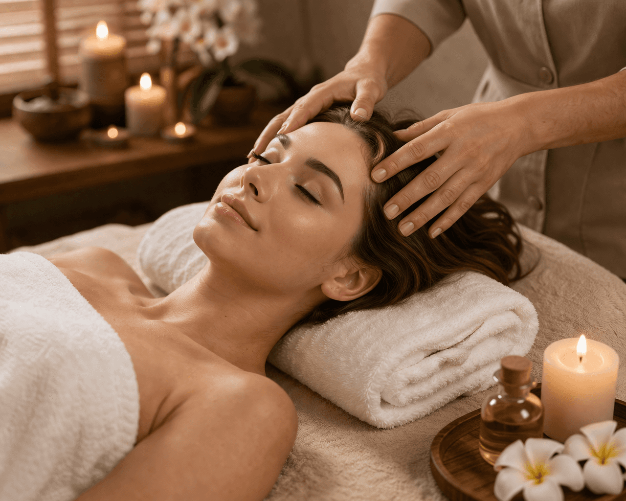 a woman recieving a head massage in a spa