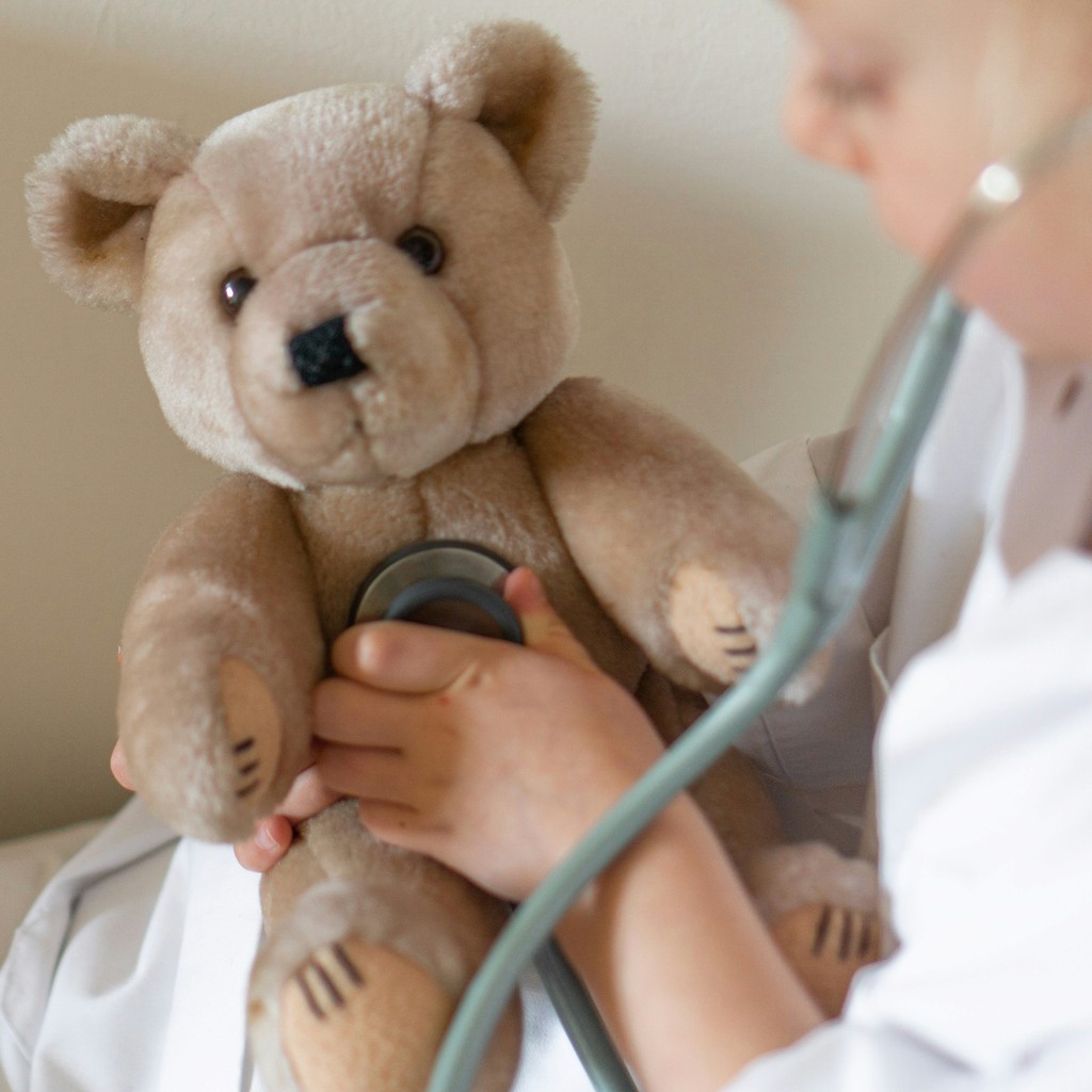 person holding brown bear plush toy