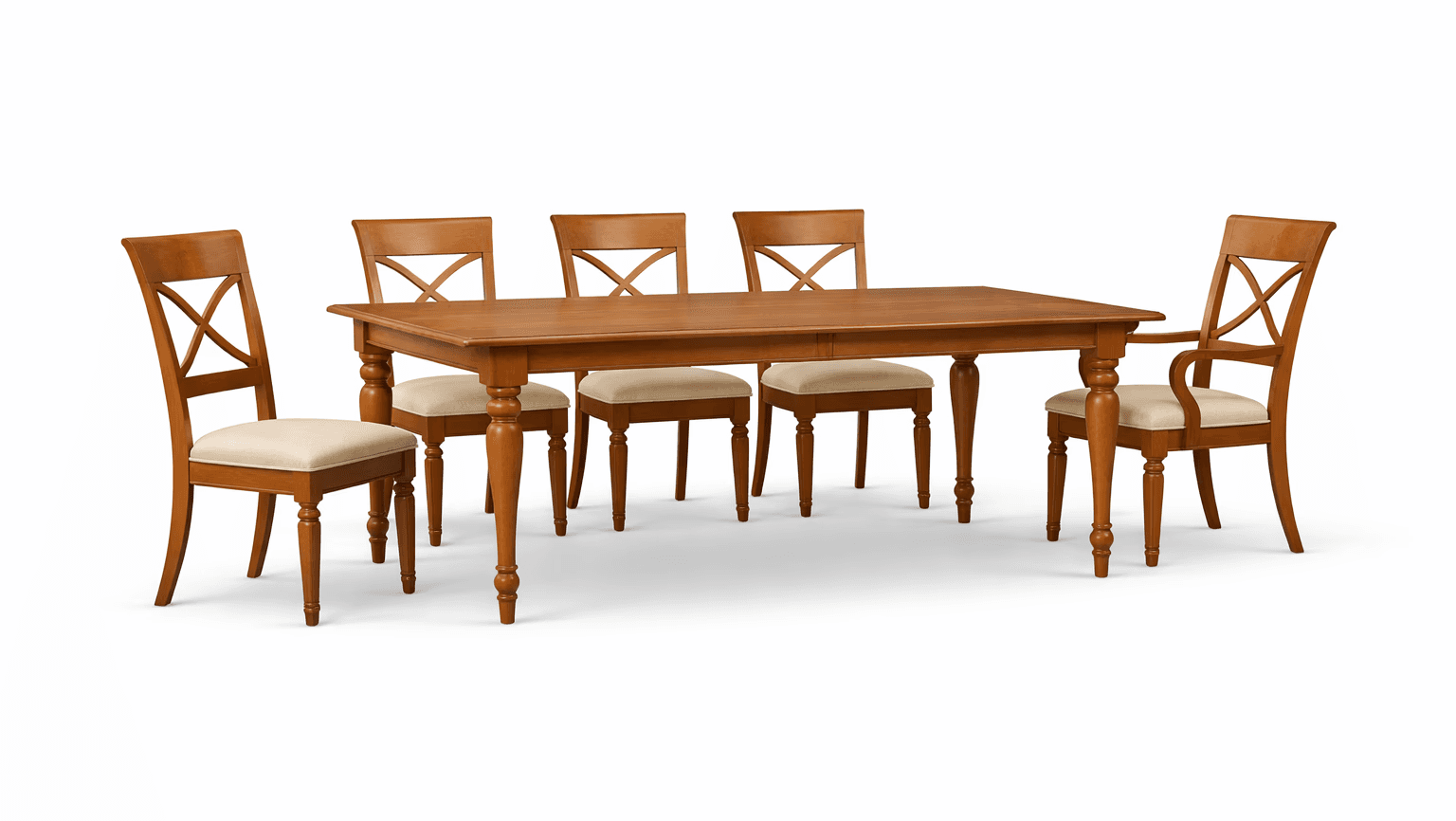 Traditional dining set surrounded by cross‑back wooden chairs, styled for formal family meals