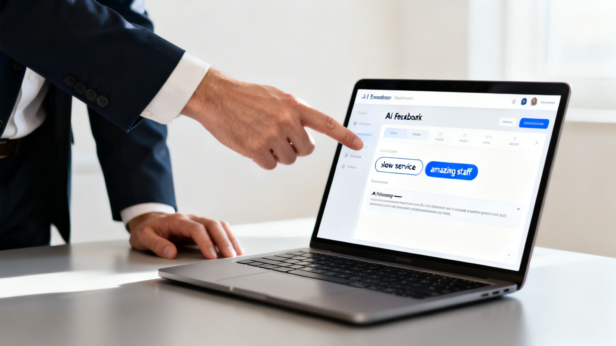 A person points at a laptop displaying AI feedback, highlighting 'slow service' and 'amazing staff'.