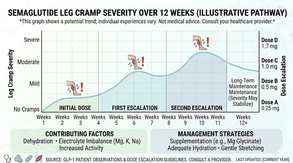 Semaglutide leg cramp timeline showing when cramps peak and improve