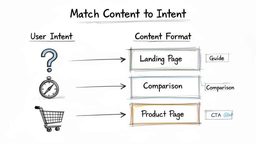 Diagram matching user intent icons (question, compass, shopping cart) to content formats: Landing Page, Comparison, Product Page.