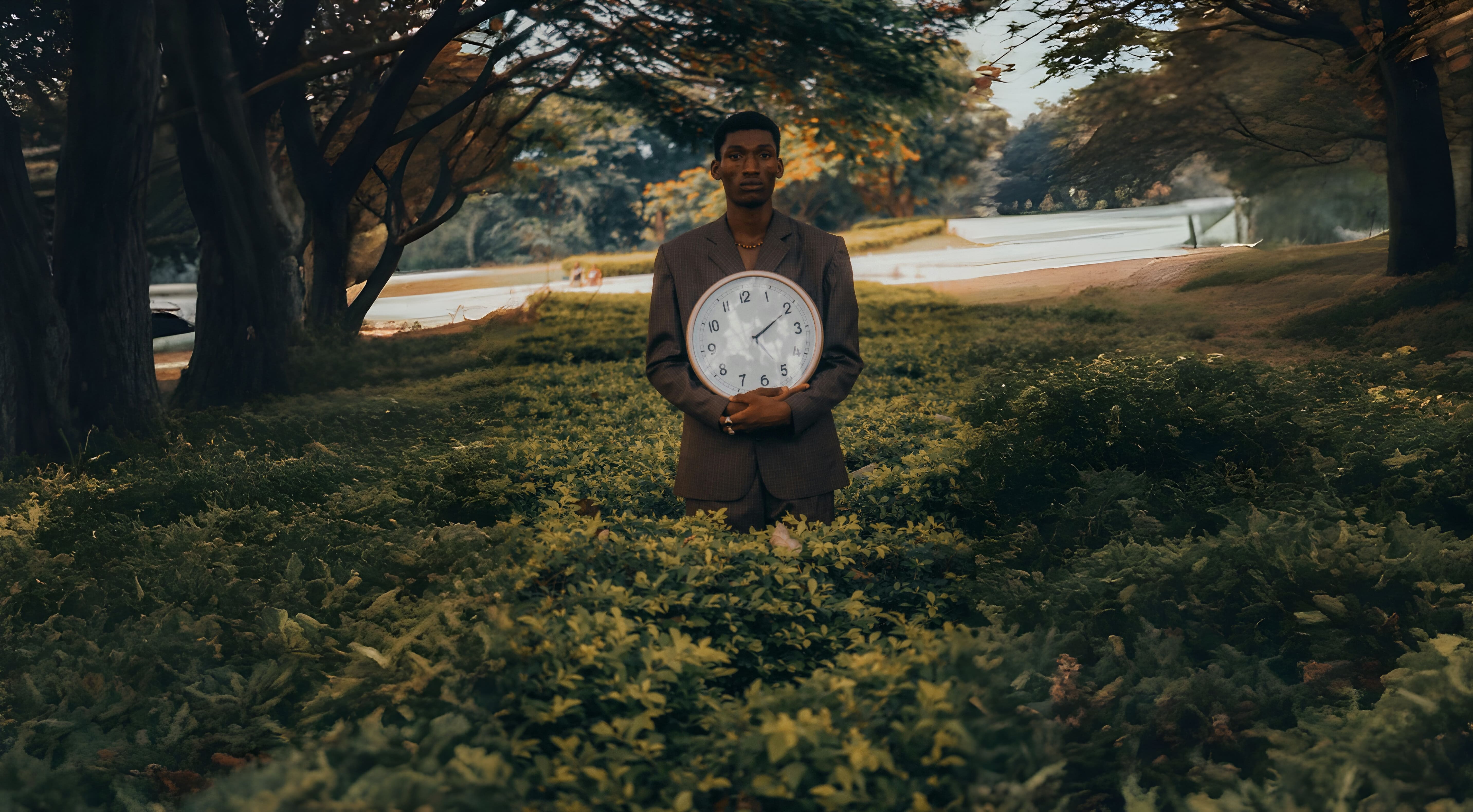 Man holding a clock while posing in the bushes.