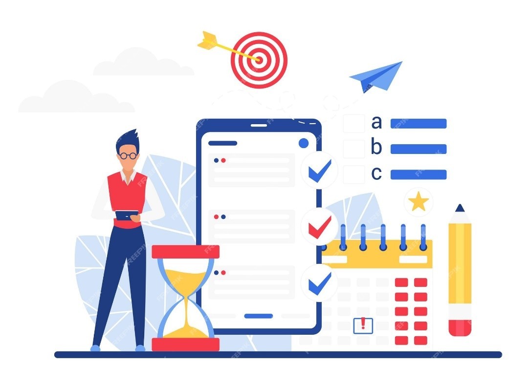 AI-powered learning assessment illustration showing smart quizzes, progress tracking, time management, and personalized education tools.