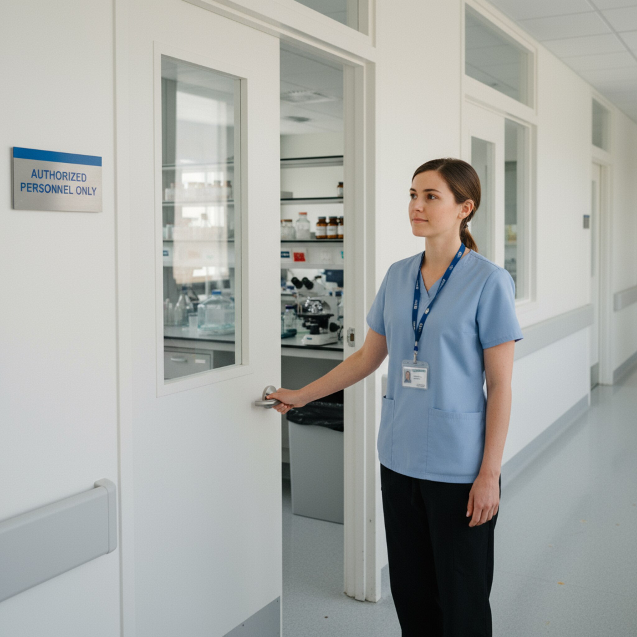 Vor einem Labor weist ein diskretes Schild auf Zutritt nur für Berechtigte hin. Eine Mitarbeiterin öffnet die Tür mit ruhiger Selbstverständlichkeit, dahinter wartet ein aufgeräumter Arbeitsbereich. Die Szene wirkt kontrolliert, geschützt und regelkonform.