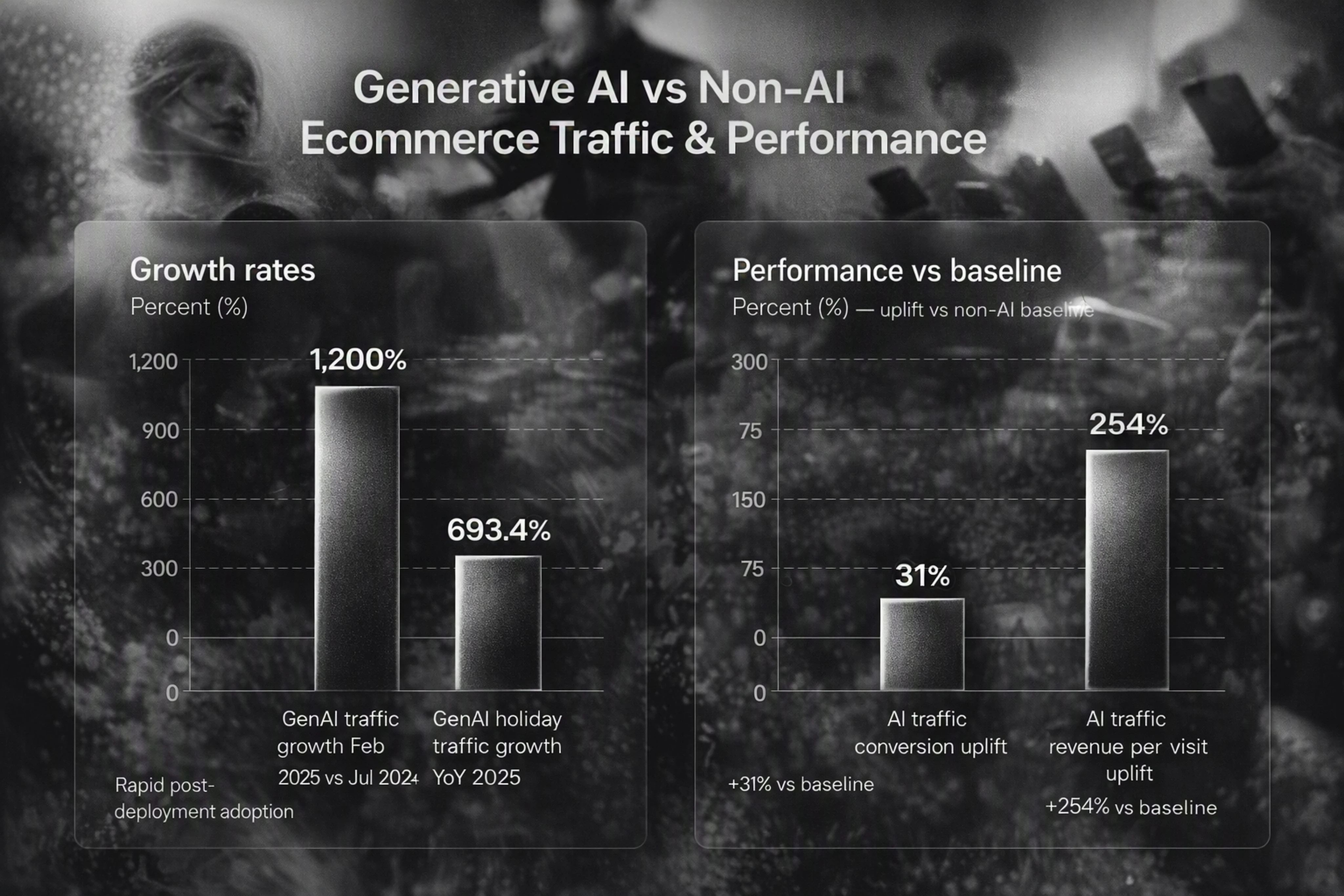 Comparison of generative AI shopping traffic growth, conversion, and revenue versus traditional sources