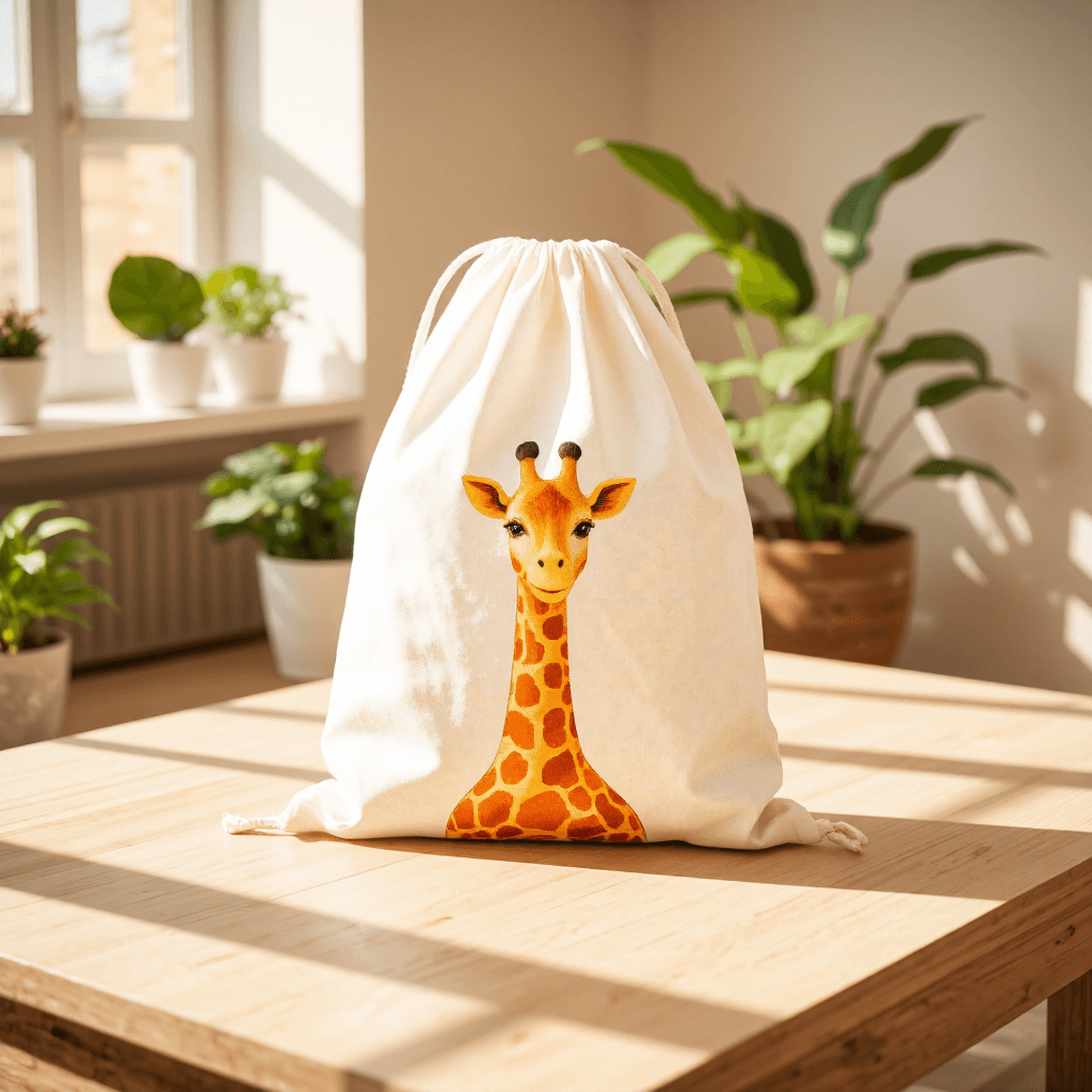 product photography of a drawstring bag with a cute giraffe design