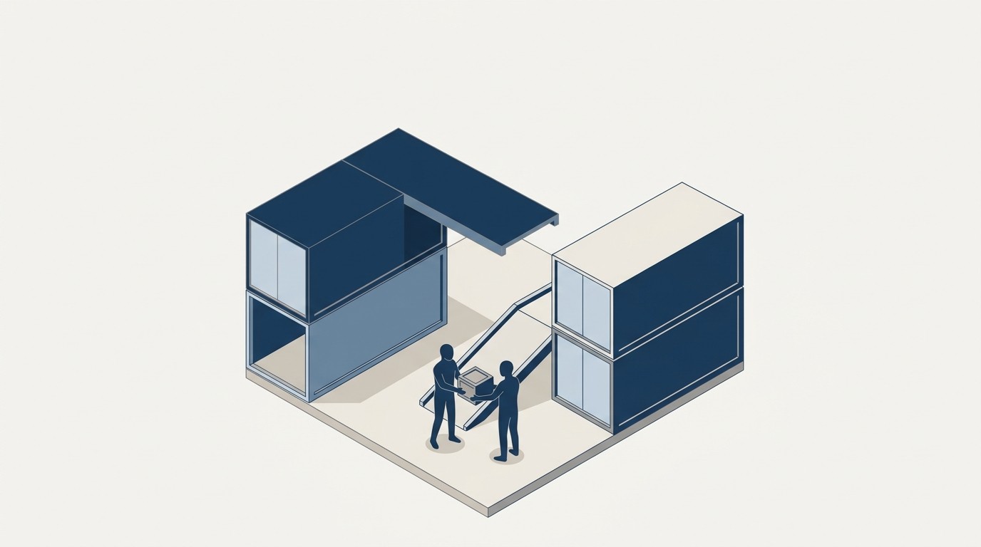 Isometrische Illustration eines Containerhofs, die Bruecke zwischen den Containern bricht frei in der Luft ab: unfertige Anbindung an Makler.