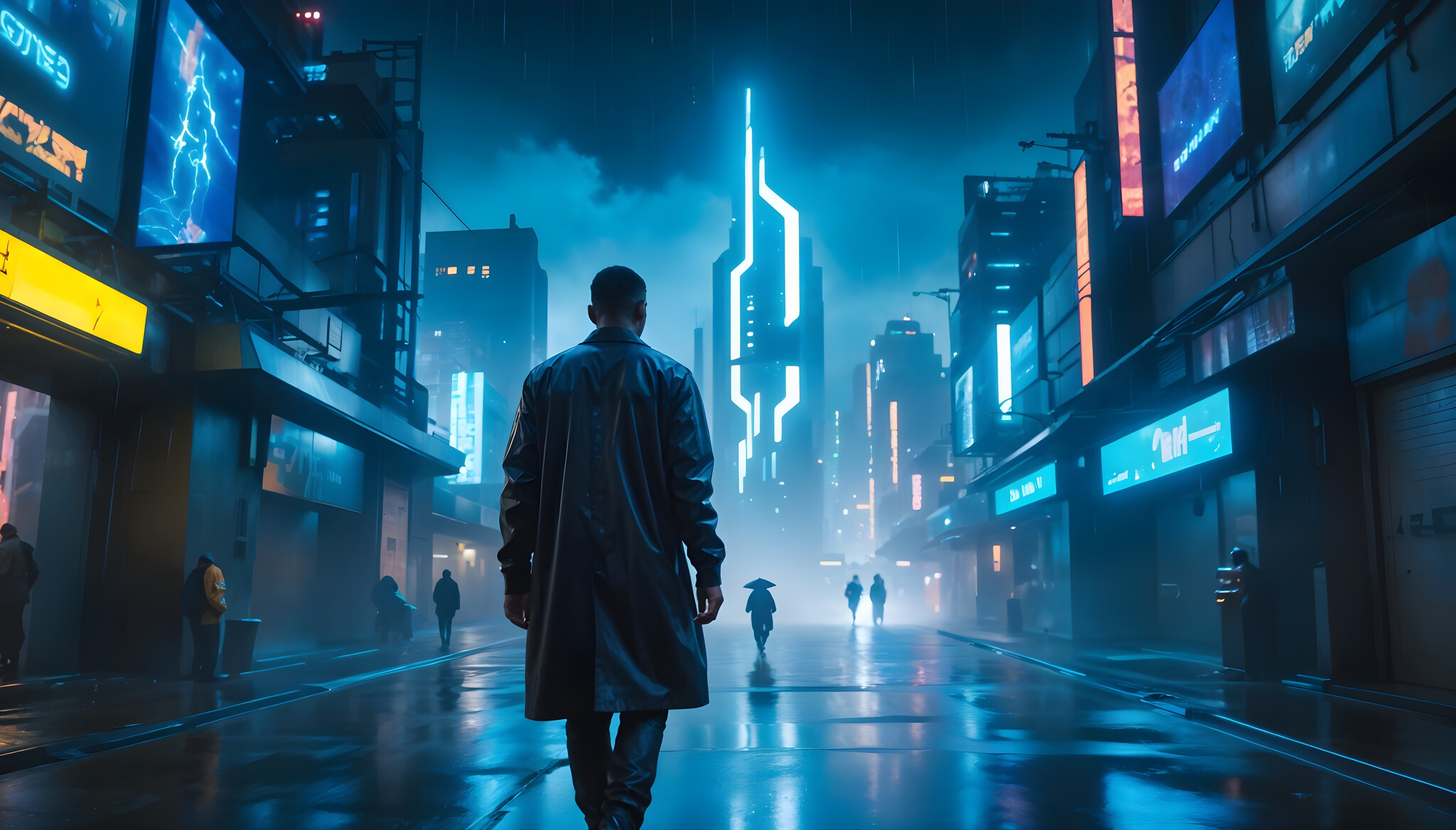 A person wearing a long coat walks down a rainy, neon-lit city street at night. The futuristic cityscape features towering buildings with vibrant electronic billboards. Several figures are seen in the distance, and a glowing skyscraper is prominent in the background.