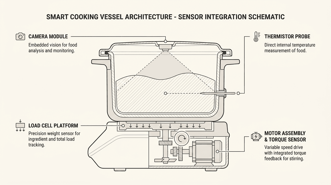 Kitchen technology sensor placement diagram showing camera, thermistor, load cell, and motor torque sensor in a smart cooking appliance