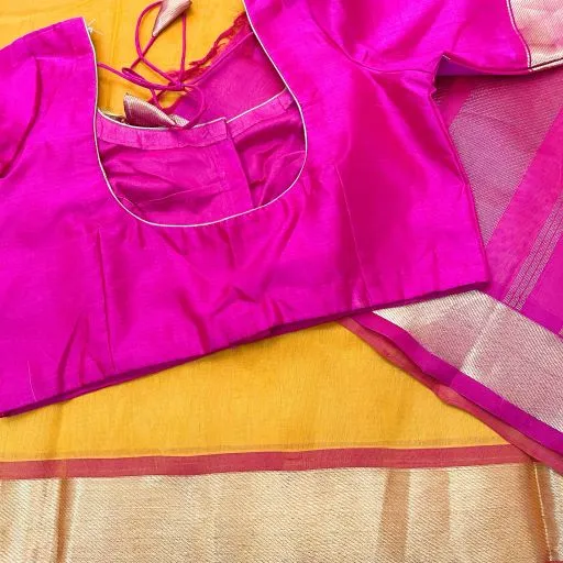 Gold Yellow Dark Pink Silk Cotton Saree