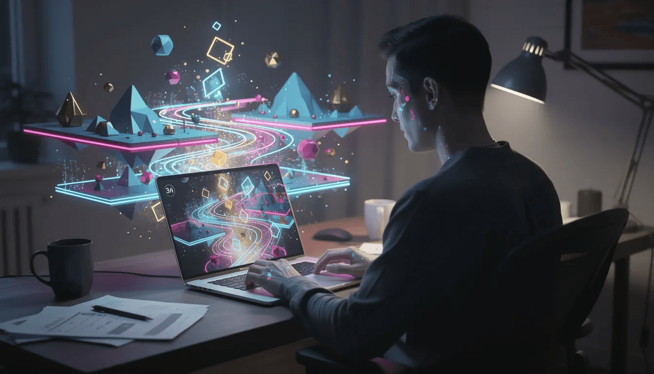An individual is seated at a laptop, with a vibrant and abstract game world visually emerging from the screen, showcasing elements of game creation and interactive experiences. This scene highlights the creativity and technology involved in game development, suggesting a dynamic environment filled with new ideas and gameplay possibilities.