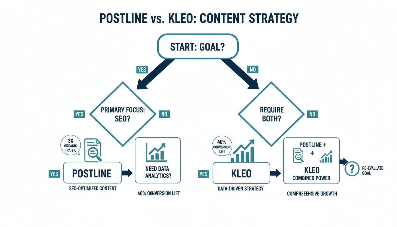 A decision flowchart illustrating Postline vs. Kleo content strategies for various business goals.