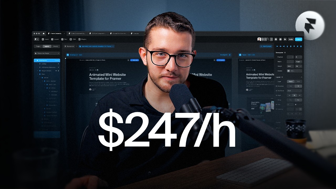 Content creator recording with Framer interface and $247/h text overlay