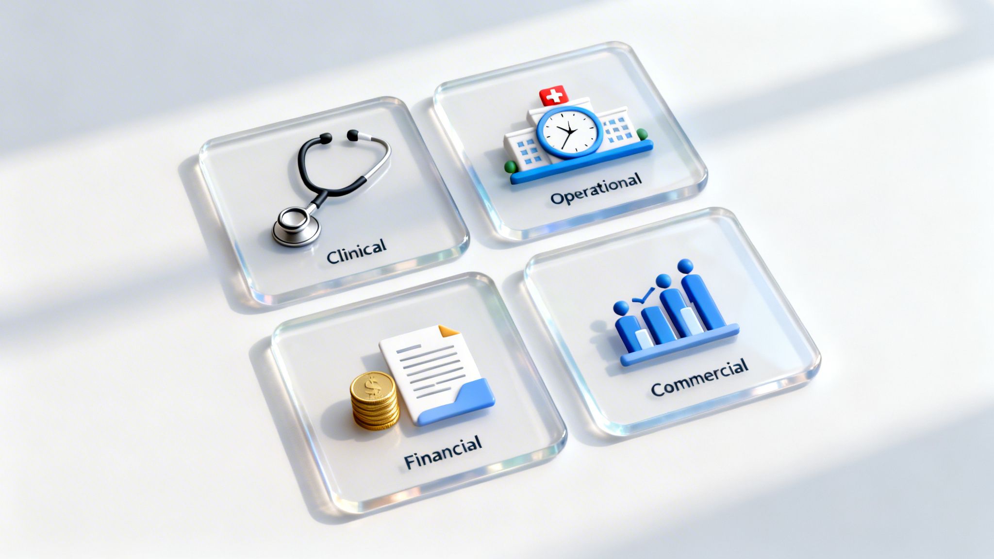 Four transparent squares representing clinical, operational, financial, and commercial benchmarks in healthcare.