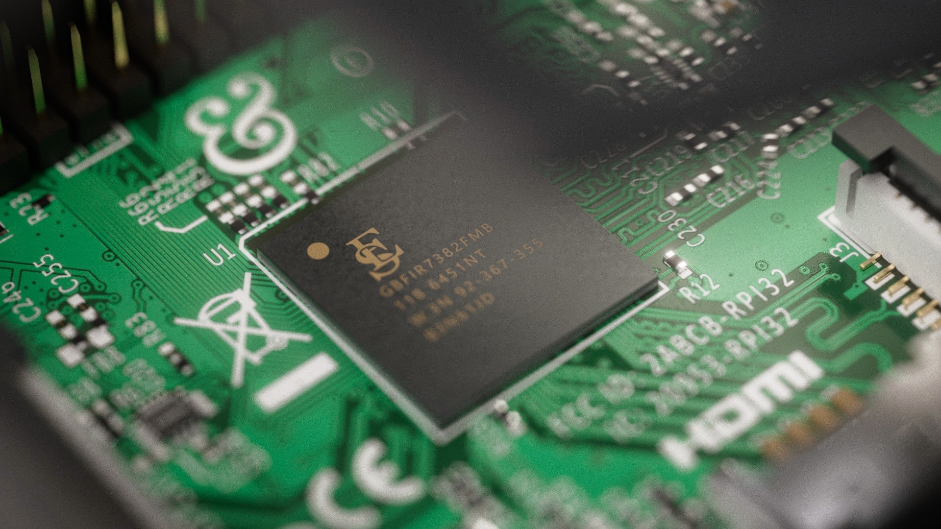 Draufsicht auf das gerenderte SBC-Board mit sichtbaren Chip-Komponenten und goldfarbenen Leiterbahnen