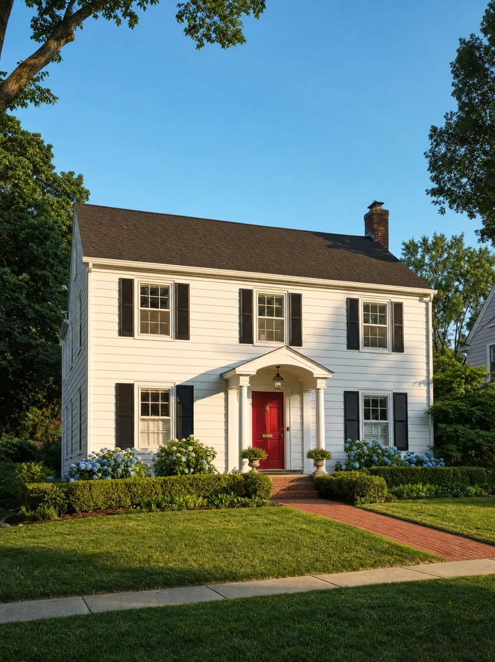 White colonial home with black shutters and a red front door in Greater Lansing