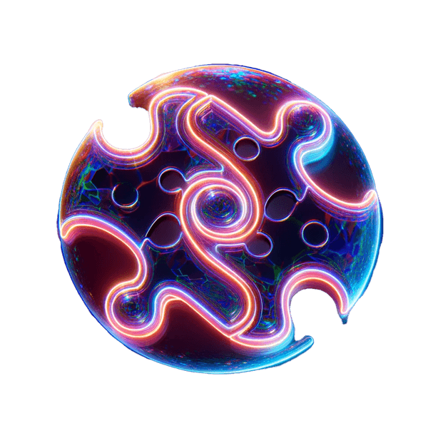 A circular design featuring swirling neon patterns in vibrant colors of blue, pink, and purple on a dark background.