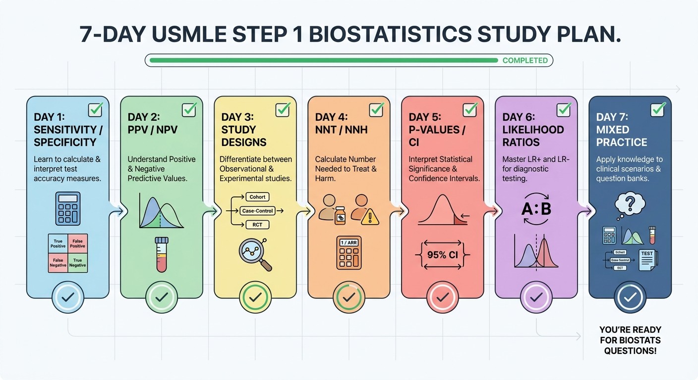 7-day USMLE Step 1 biostatistics study schedule
