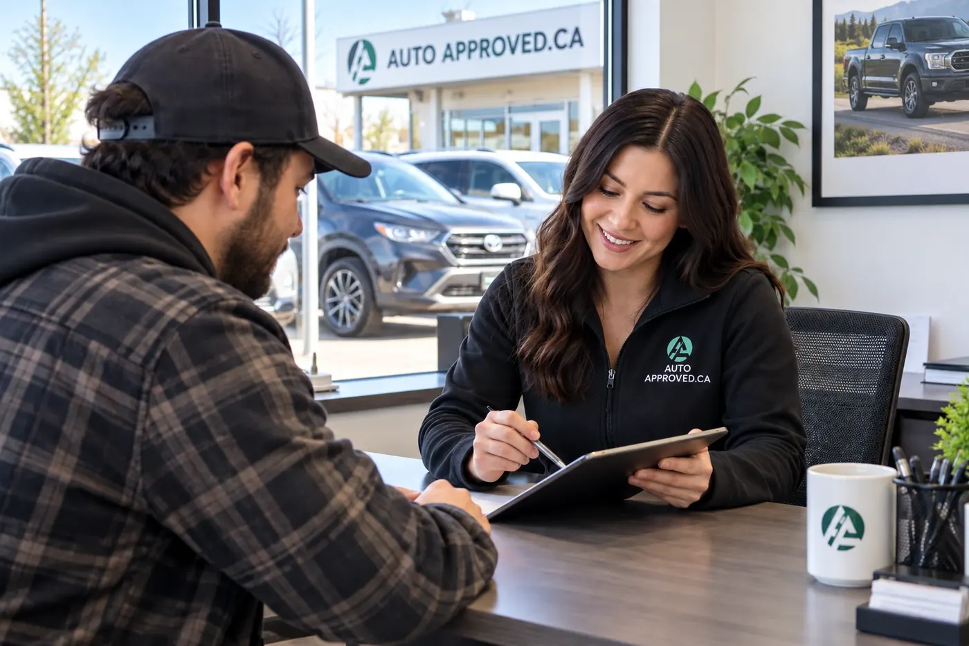 Auto Approved team member reviewing a customer's financing situation at the dealership