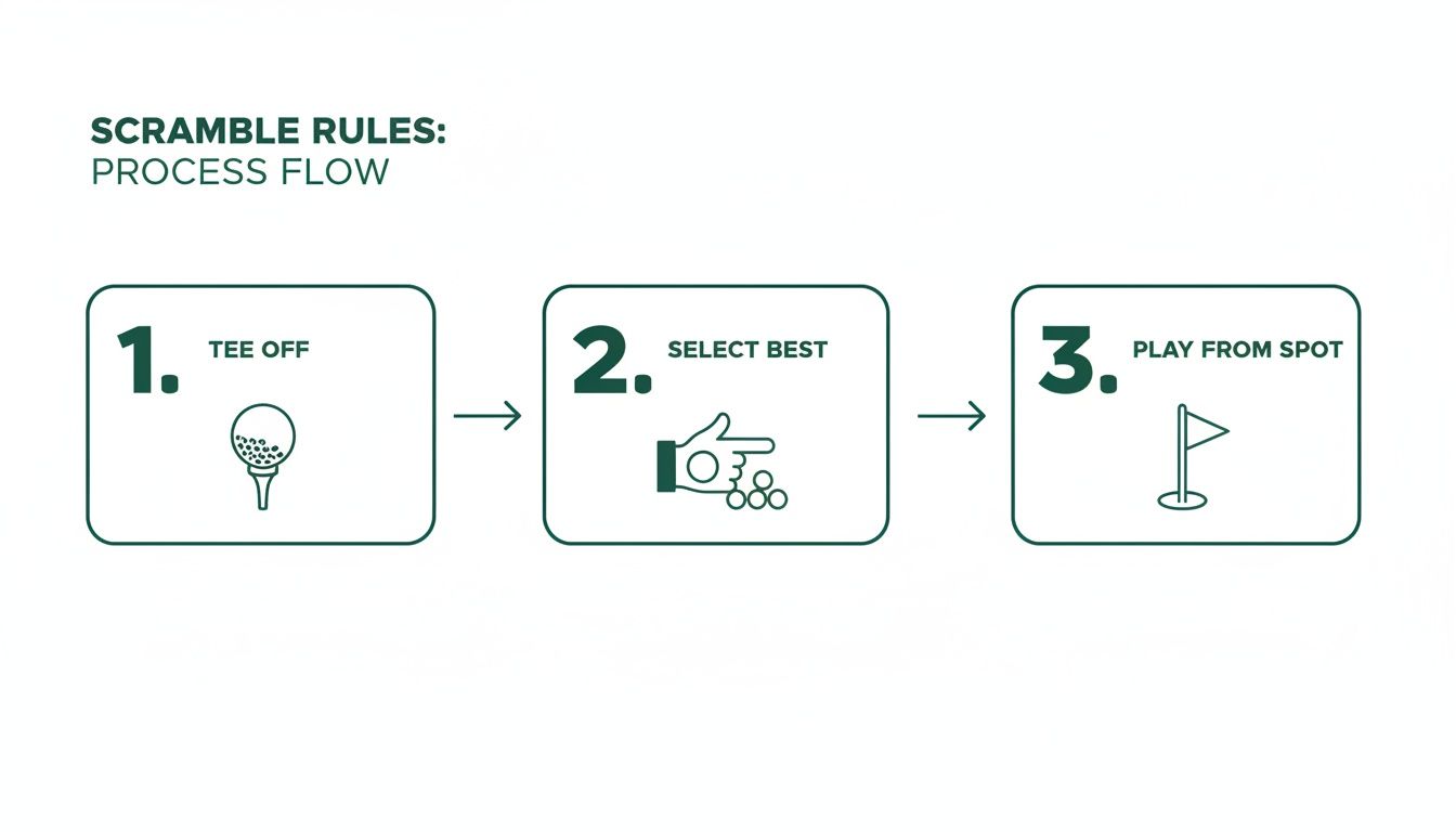 A step-by-step process flow illustrating golf scramble rules: tee off, select best ball, and play from that spot.