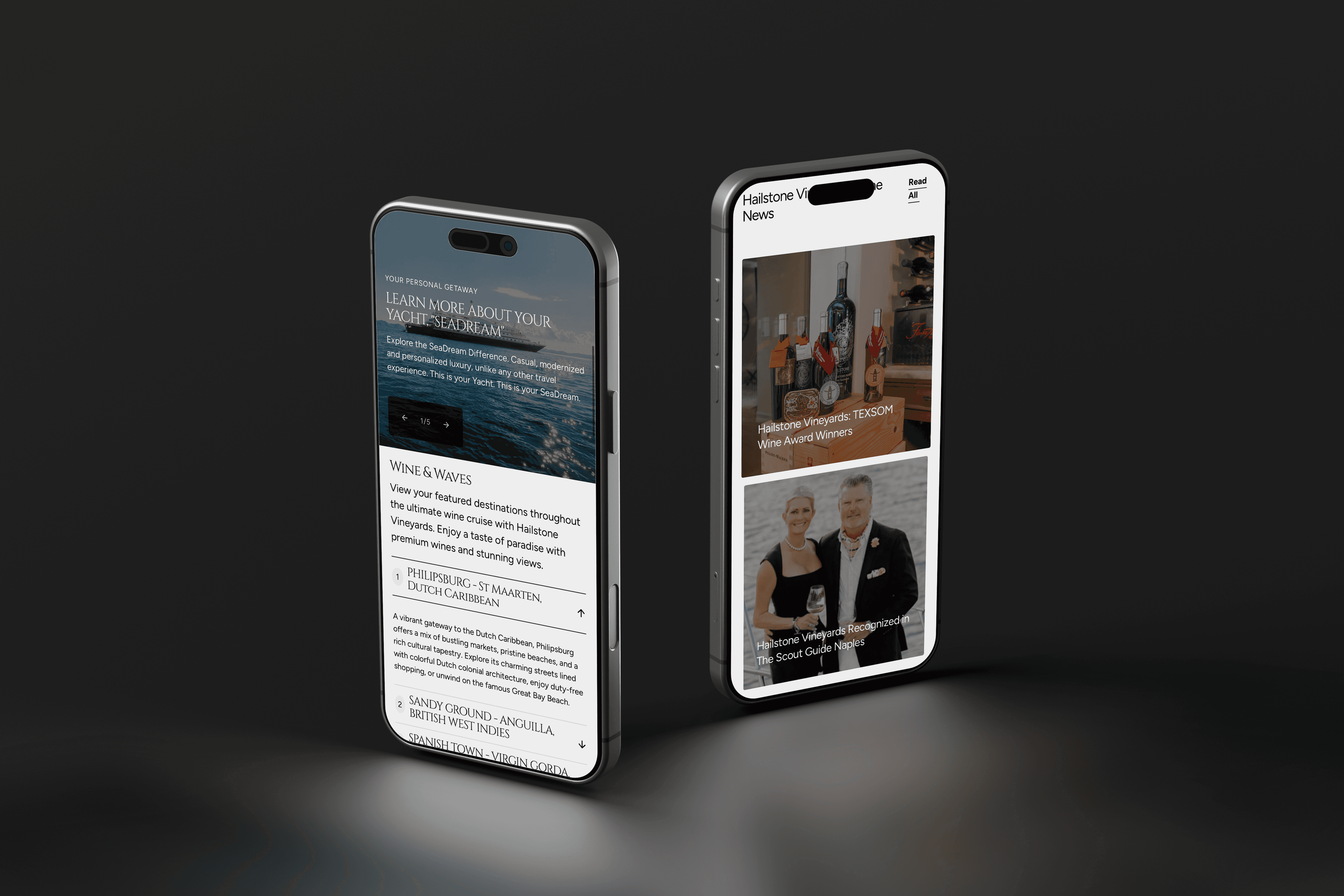 two phones in a dark room displaying a website on different pages
