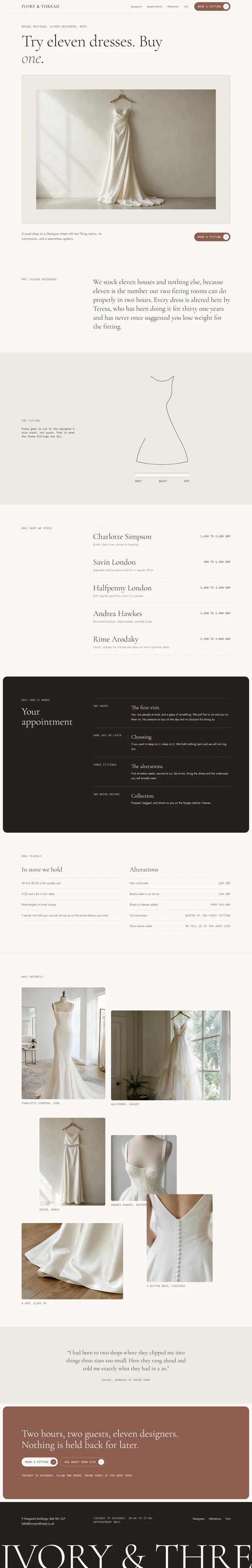 Full page of an AI-generated bridal shop website with a framed gown hero, designer statement, one line dress drawing with measuring tape, designer price list, appointment steps on dark panel, sizes and alterations, dress photo grid, customer quote, clay booking panel and footer