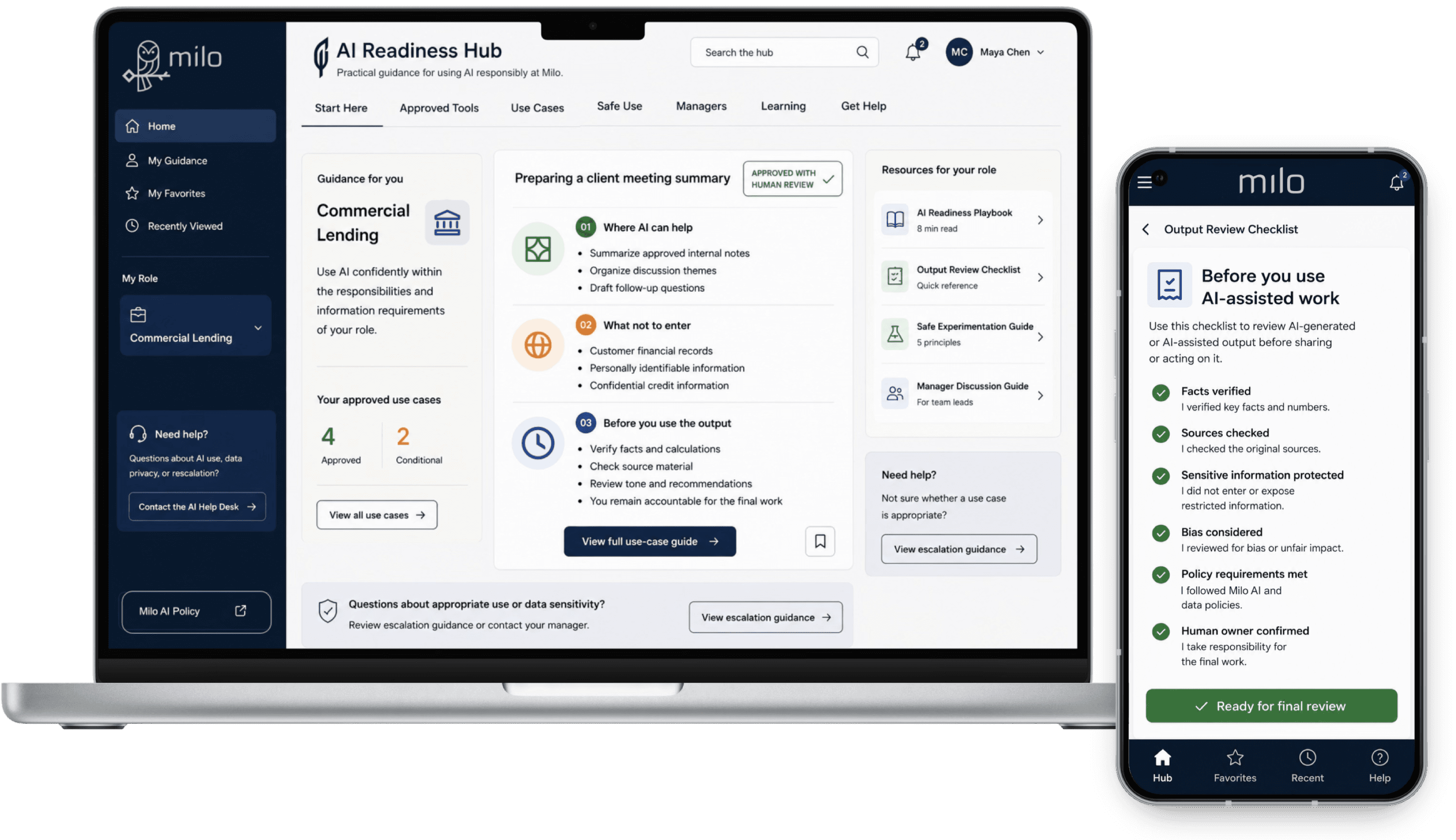 Milo AI Readiness Hub for desktop and mobile on a MacBook Pro and Nothing Phone.