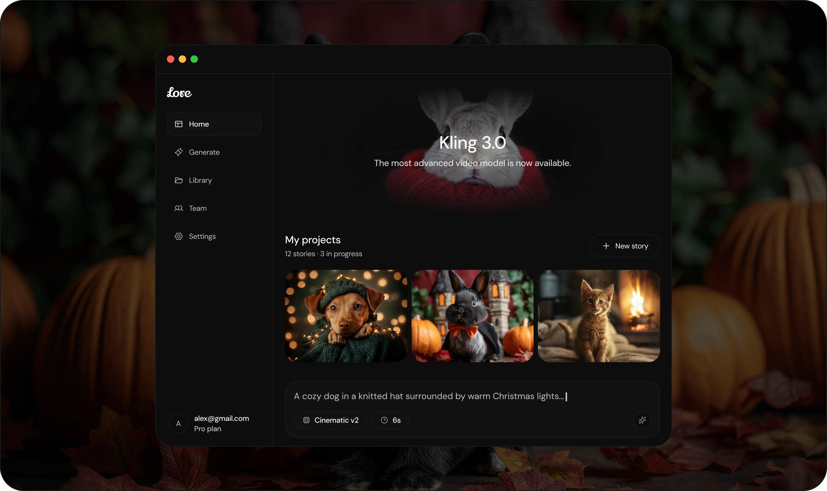 Lore dashboard showing Kling 3.0 model with cozy autumn animal projects