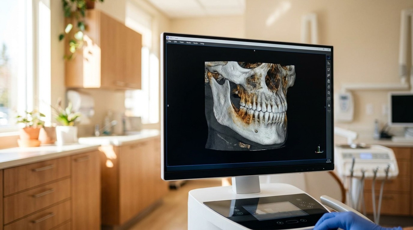 A 3D cone beam dental scan displayed on a screen showing the jawbone before implant planning at a Smyrna dental office.