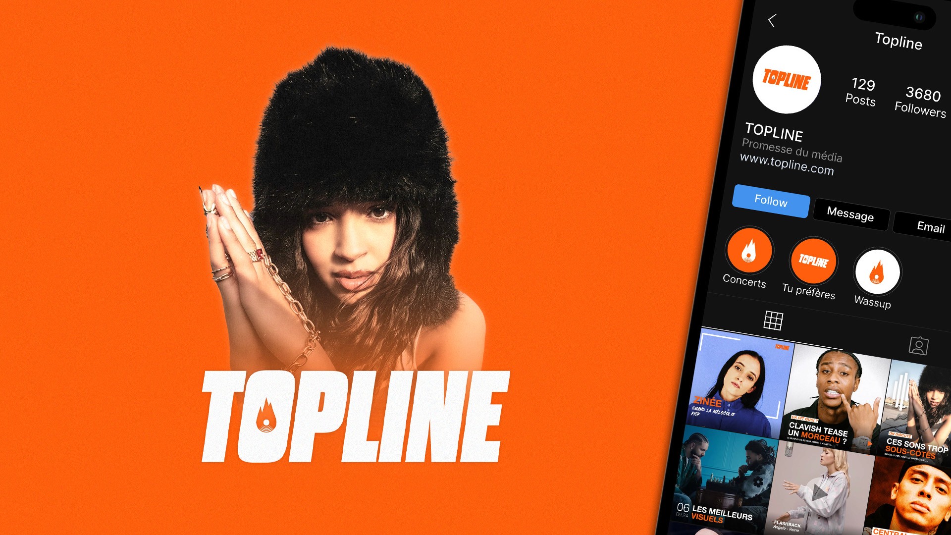 Présentation de la stratégie de marque et de la présence digitale du média musical 'Topline'. Le visuel est divisé : à gauche, le logo 'TOPLINE' en blanc sur un fond orange vif, avec le portrait d'une artiste portant un bonnet en fourrure noire (mise en scène de direction artistique). À droite, l'écran d'un smartphone affichant le profil Instagram de Topline, soulignant la gestion des réseaux sociaux (129 publications et 3680 followers) et le type de contenu (vidéos, actualités musique, carrousels). L'image met en valeur l'expertise de Nux-Studio dans le branding percutant, la création de contenu pour les réseaux sociaux et la présence digitale des marques et médias spécialisés dans la musique et le divertissement.