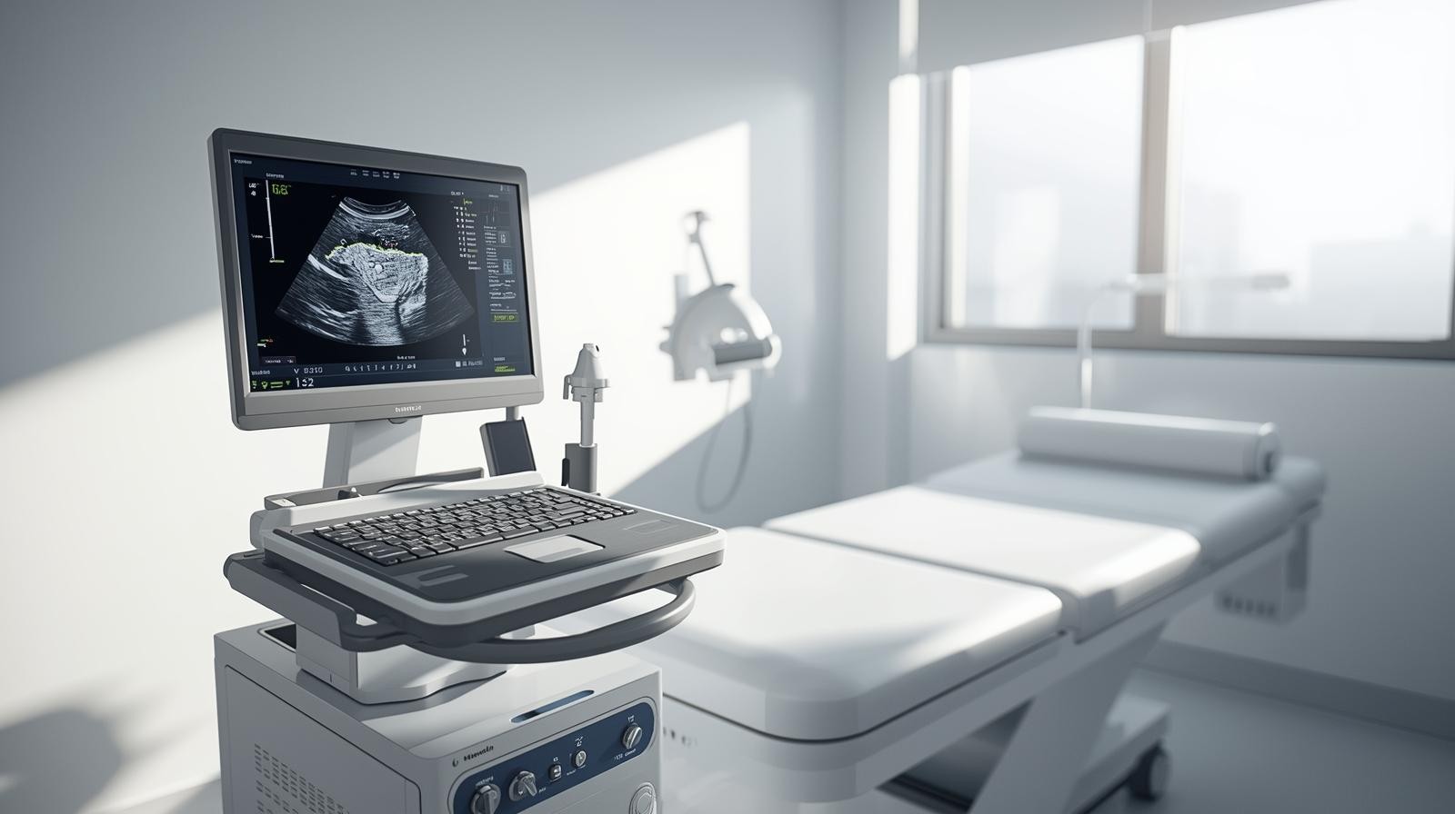 Realistic camera-like image of medical ultrasound equipment in a bright, hygienic healthcare environment.