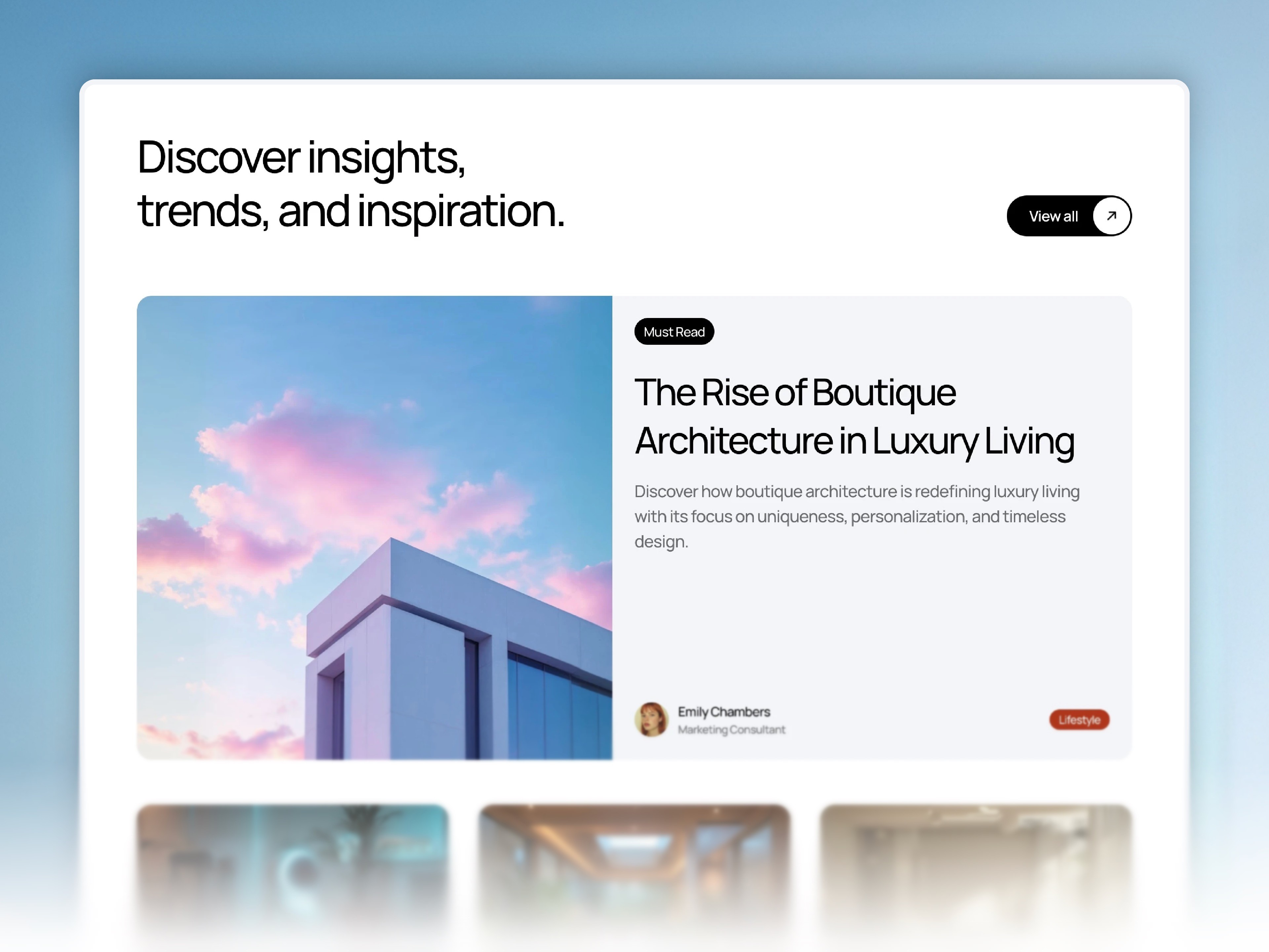 A sleek interface displaying insights with a prominent image and text showcasing innovative solutions.