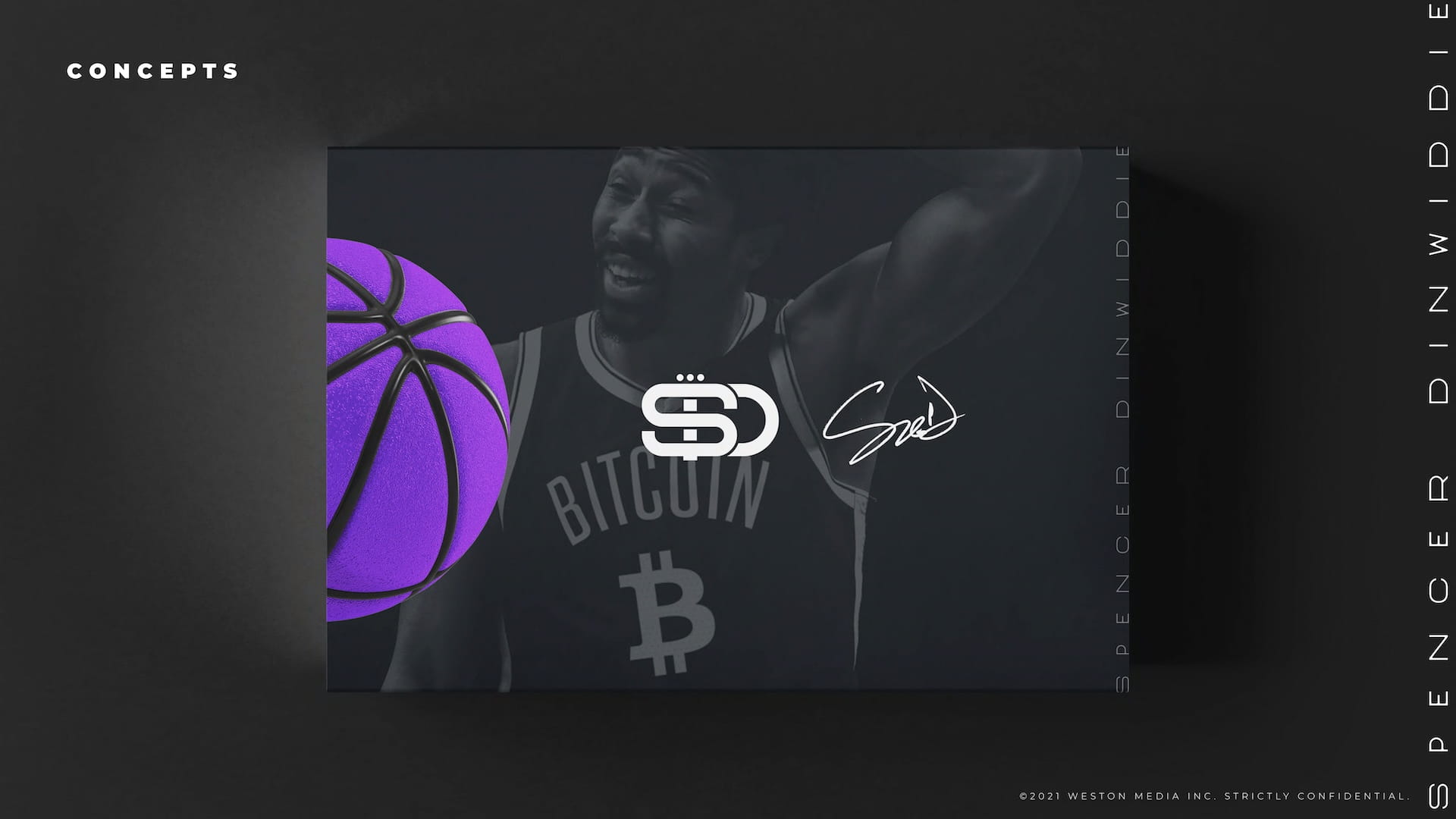SD.26 brand packaging concept showing premium shoe box with Spencer Dinwiddie Bitcoin imagery, SD logo, and purple basketball