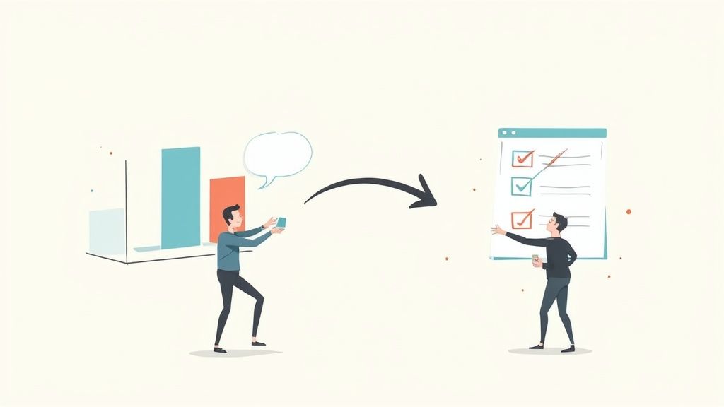 Two men illustrate turning data from a bar chart and speech bubble feedback into a task checklist.