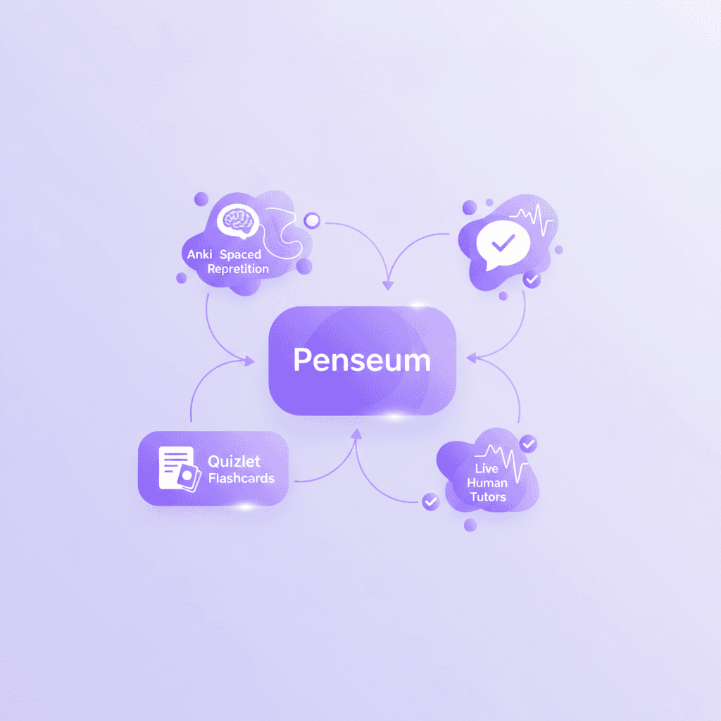 Diagram comparing Penseum features to legacy study apps like Quizlet and Anki