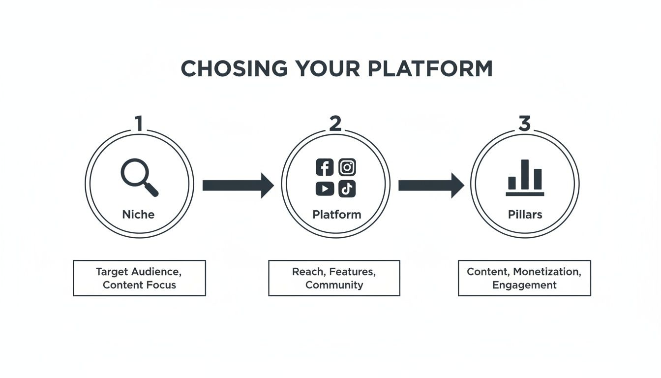 A diagram illustrates a 3-step process for choosing a platform: Niche, Platform, Pillars.