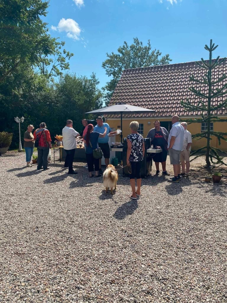 Gæster og en hund samlet ved grillen foran det gule hus